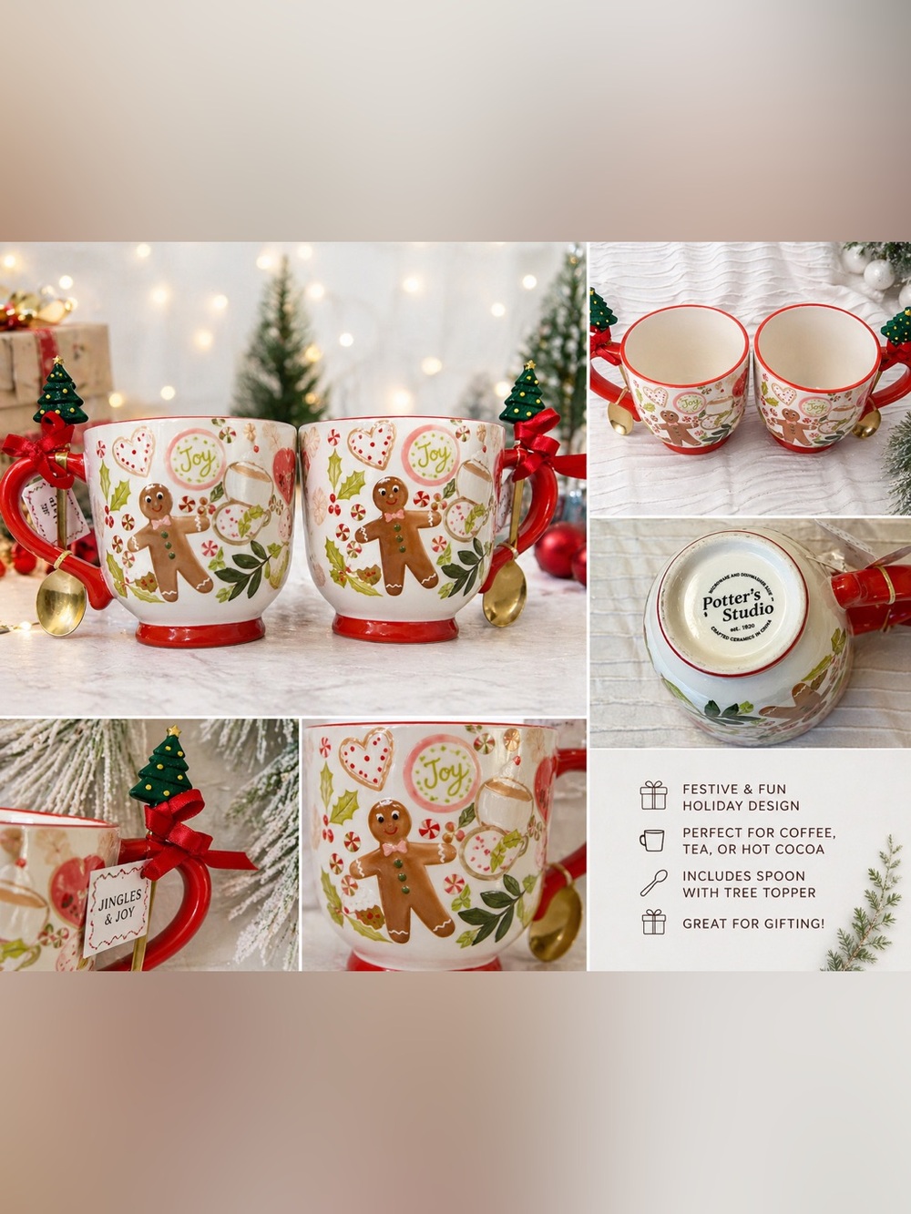 Jingles and Joy Holiday Gingerbread Mug with Red Accents